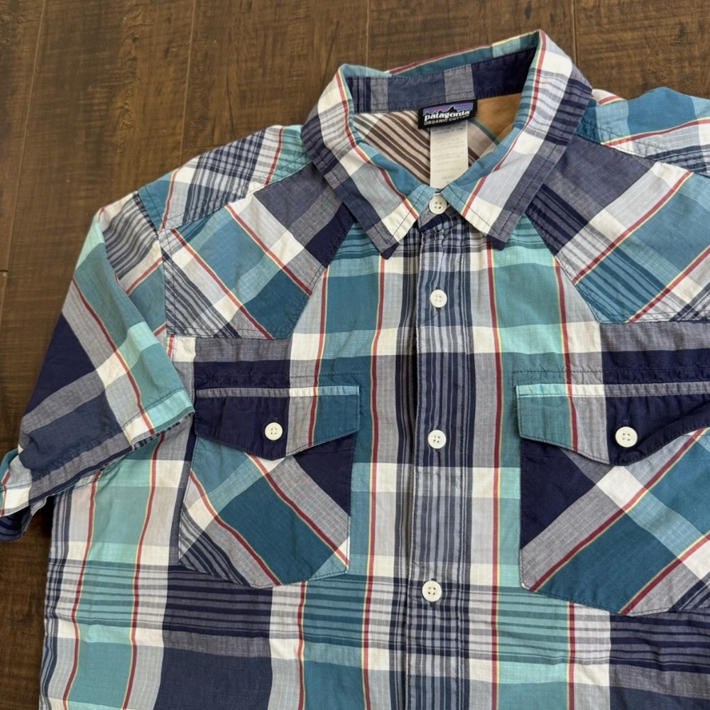 Patagonia Shirt Mens M Green Blue Plaid Organic Cotton Short Sleeve Button Down